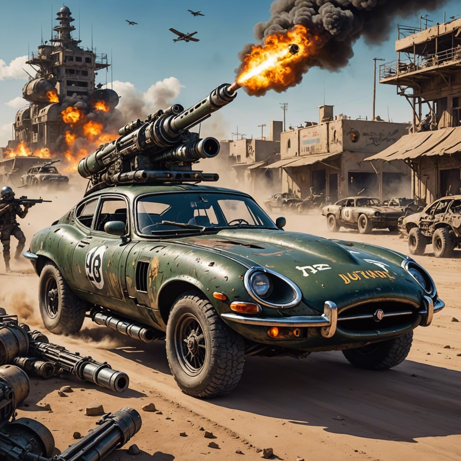 Post-Apocalyptic Jaguar Racecar with Blazing Guns