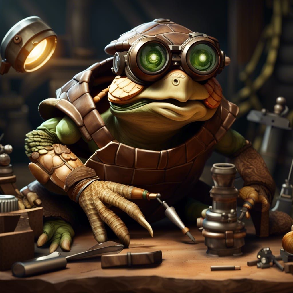 Tortle Artificer in Workshop with Mechanical Shell