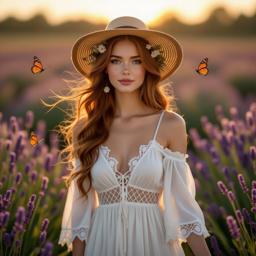 Serene Woman in Lavender Field: An Art Nouveau Portrait