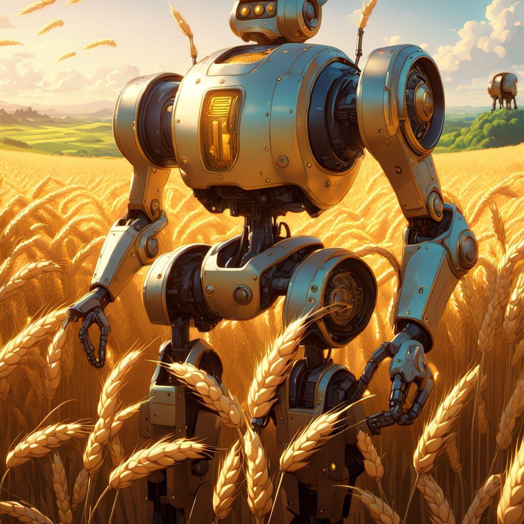 Robots Planting Wheat Fields in 3D Anime Style