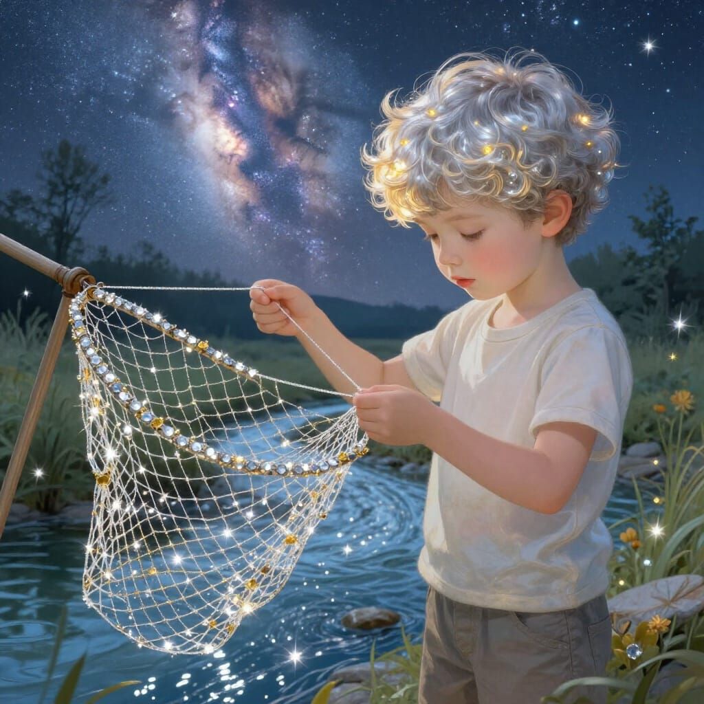 Boy Fishing with Starry Net in Magical River