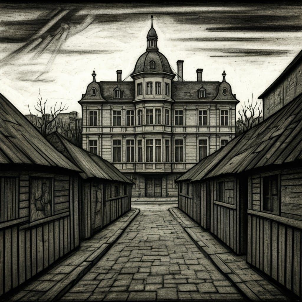 Luxurious Estate Amidst Rural Poverty, in Charcoal