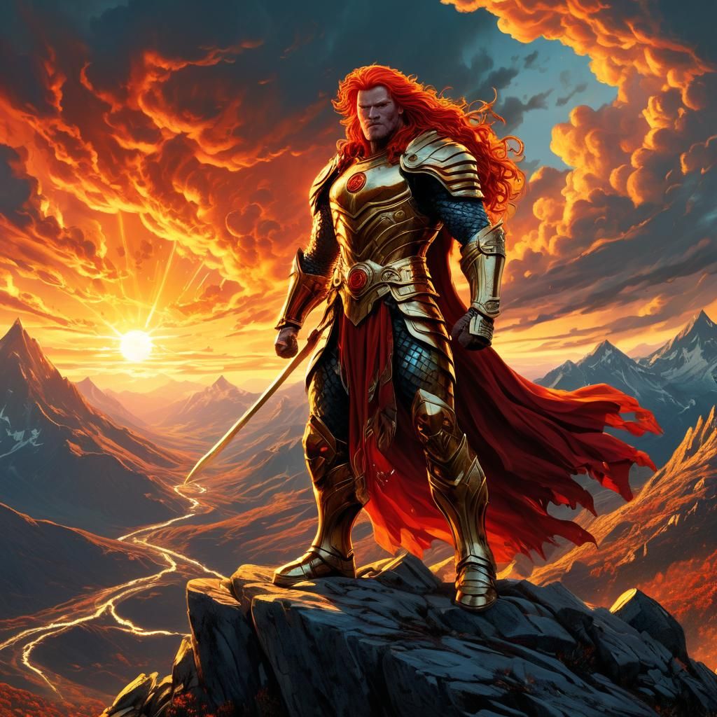 Red-Haired God on Mountain Peak in Comic Book Art