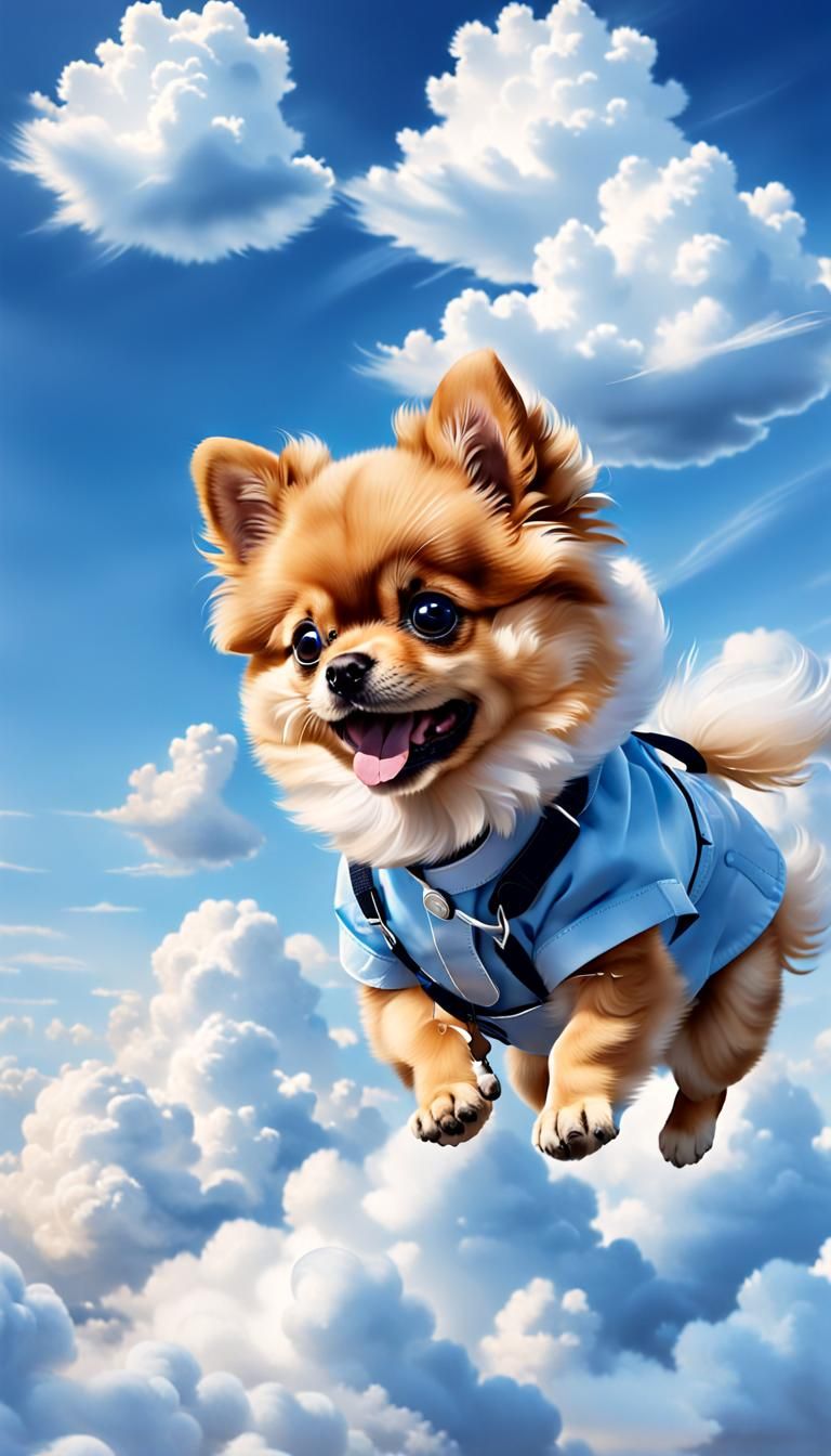 Playful Pomeranian Puppy Nurse in Cloudy Sky