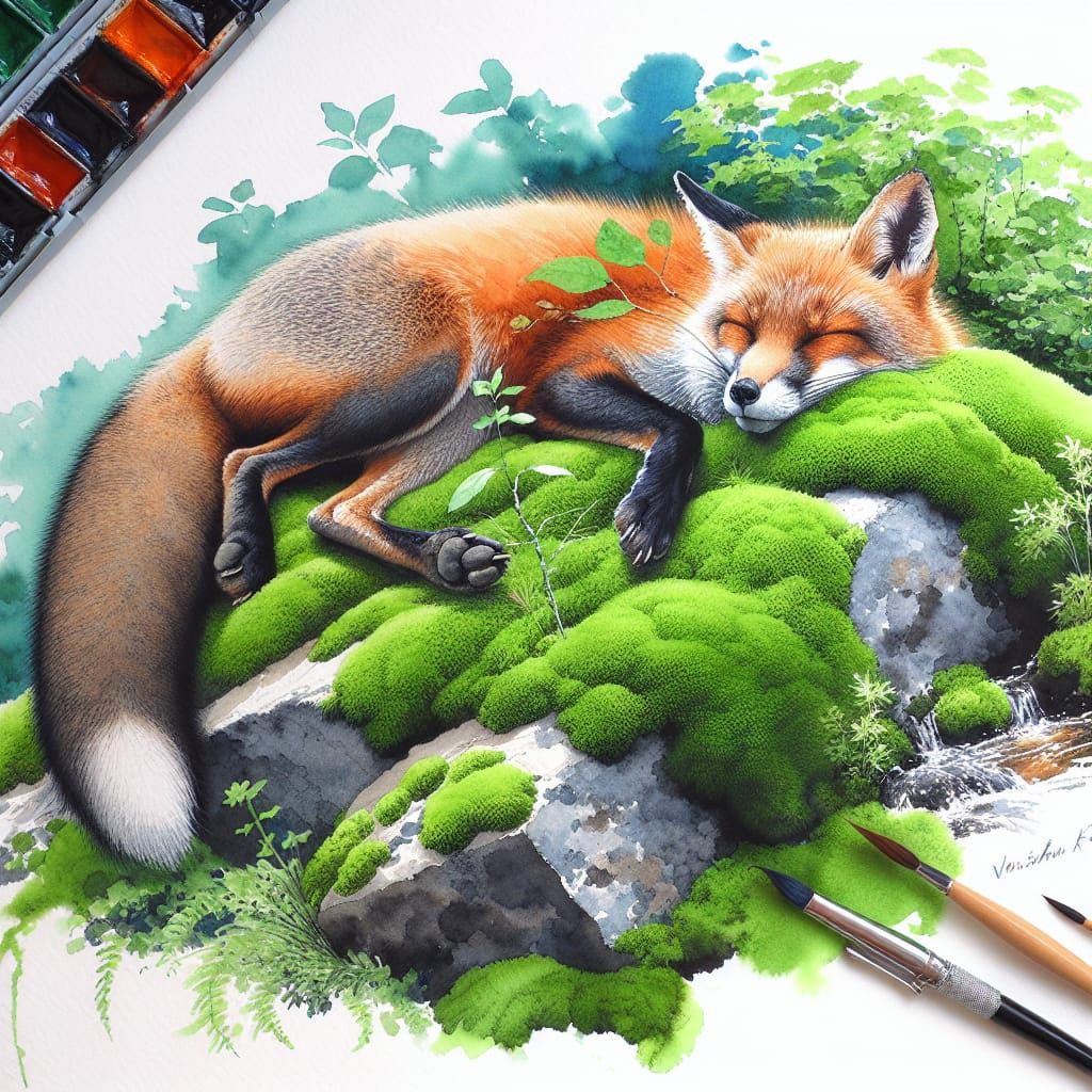 Fox Napping on Mossy Rock: Watercolor and Ink