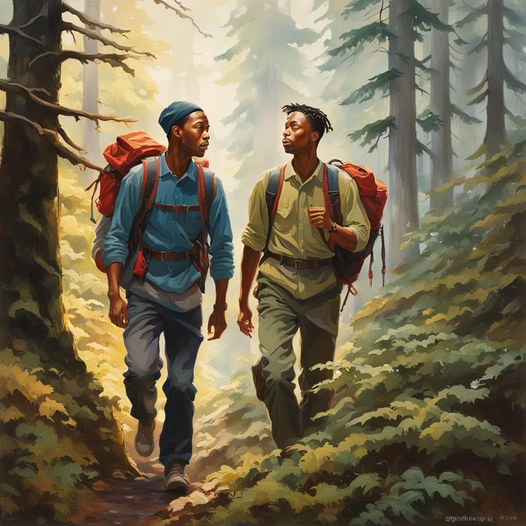 Gay Couple Hiking in Pacific Northwest Forest: American Real...