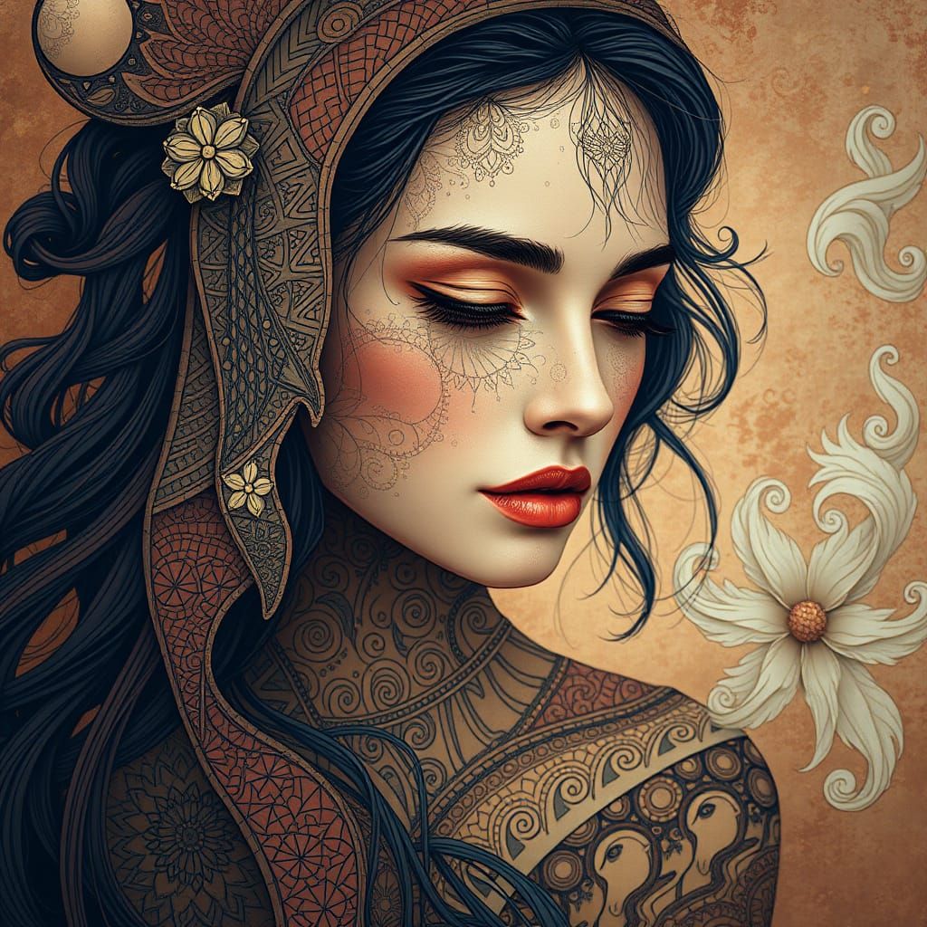 An 8K zentangle-inspired abstract art piece in a luxurious style, featuring a majestic, ethereal woman as the focal poin...