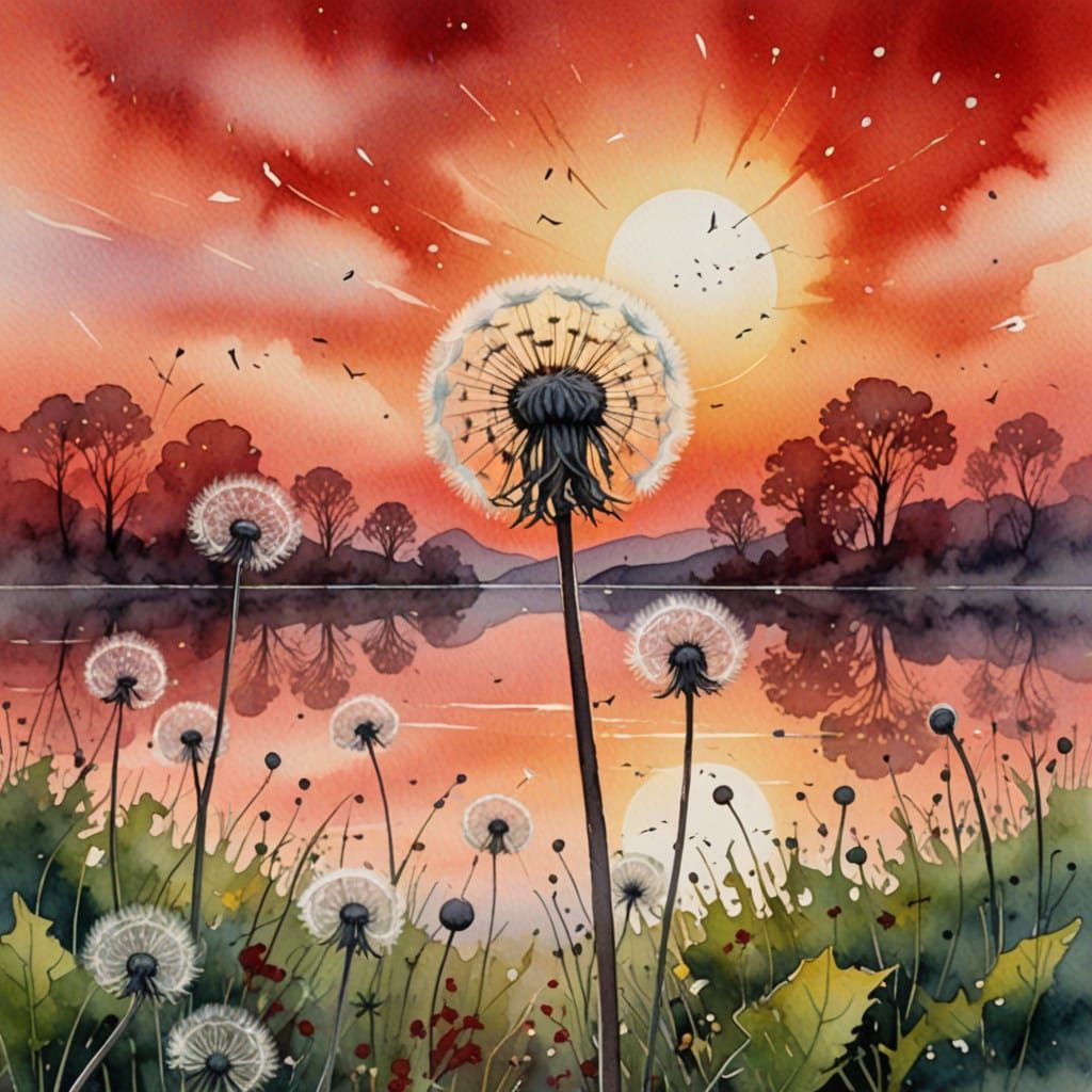 Whimsical Dandelion Drifts Over a Surreal Watercolor Sunset