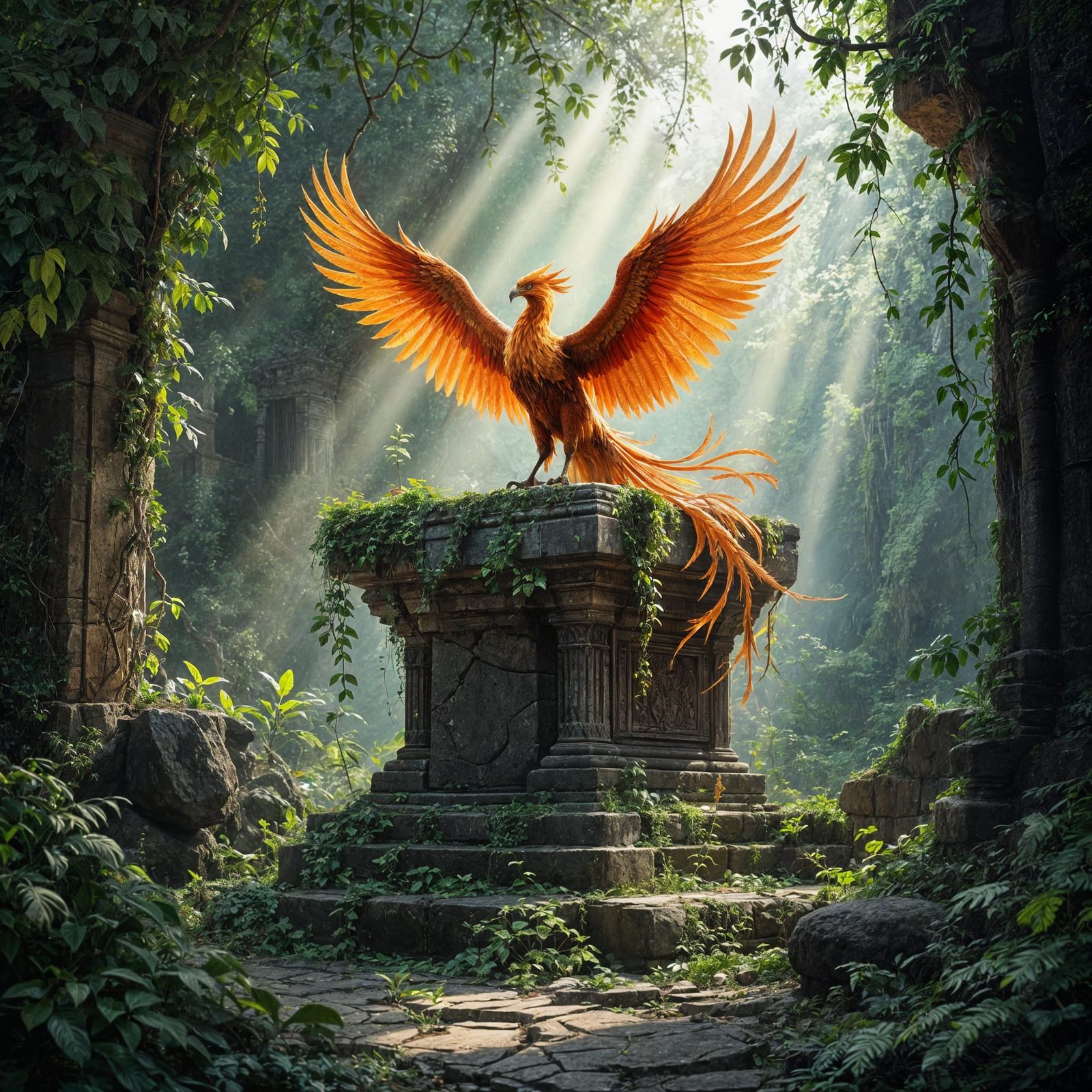 Majestic Phoenix on Ancient Altar in Sunlit Jungle Temple