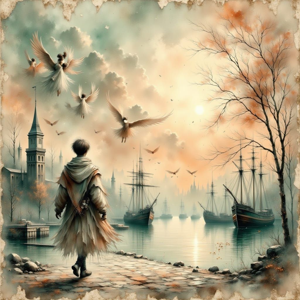 Ethereal Harbor Sunset with Angels and Gay Man