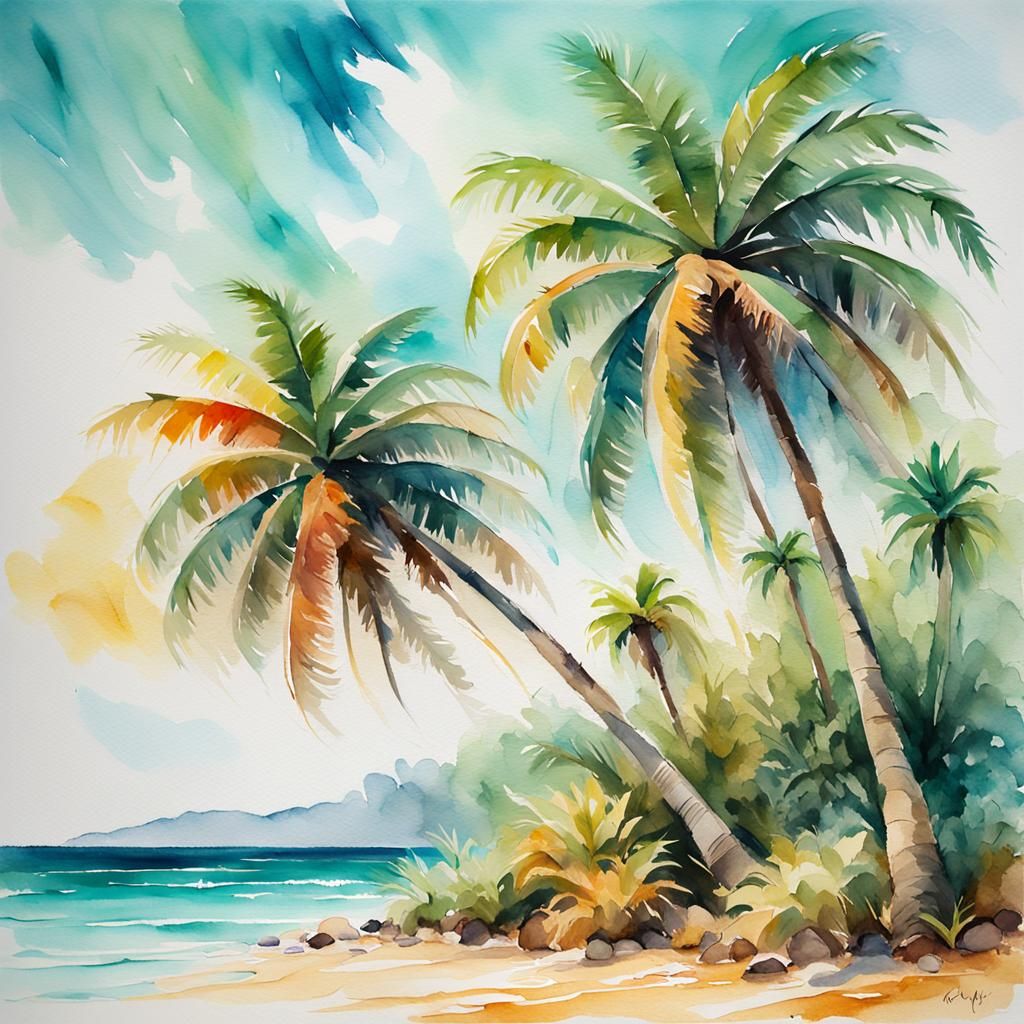 Tropical Beach Watercolor Painting With Palm Trees
