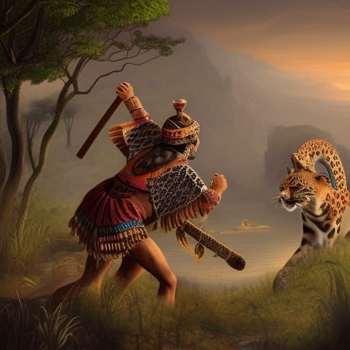 Aztec Hunter's Leopard Quest: Detailed Fantasy Art