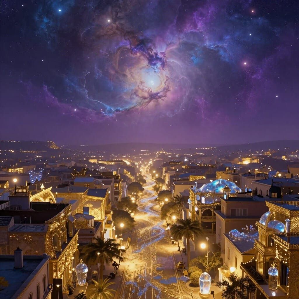 Ethereal Golden Streets Under Twilight Nebula Sky
