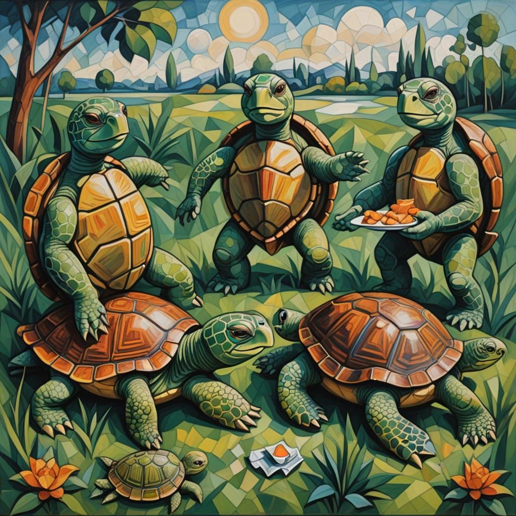Turtles in Cubist Masterpiece Inspired by Dejeuner sur l'her...