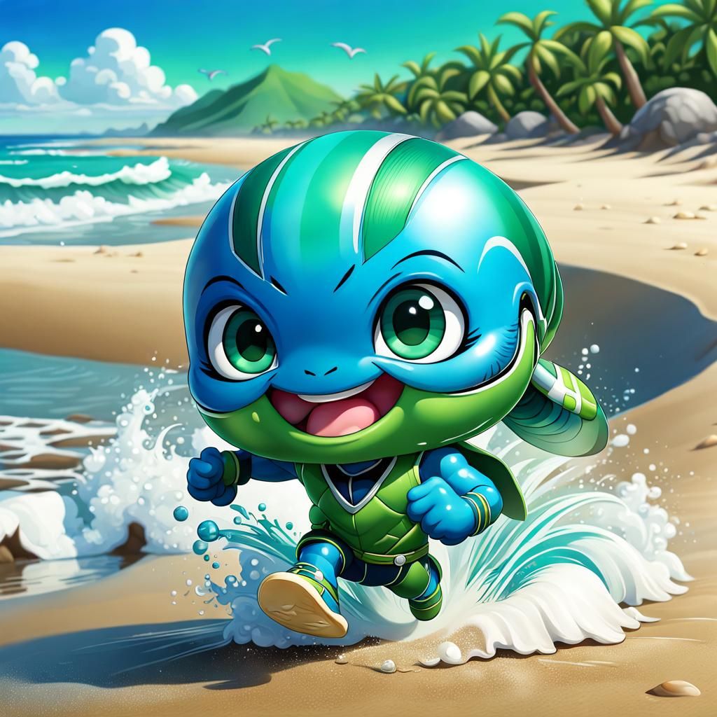 Chibi Blue Muscle Shellfish Plays on Beach