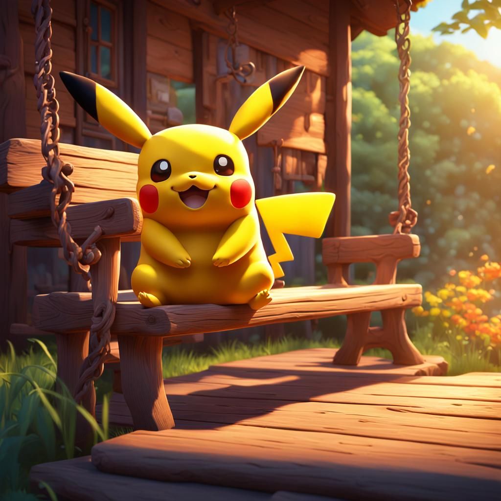 Pikachu on Bench: 3D Digital Art