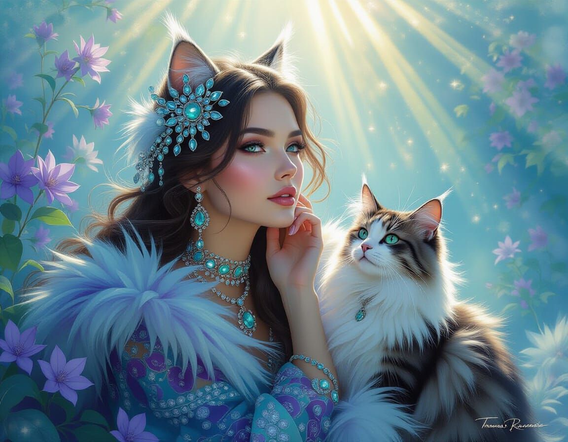 Woman with Fantasy Cat in Razumov Style