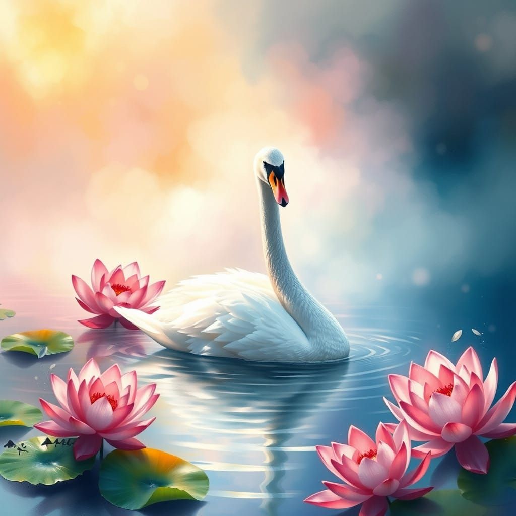 Swan in Ethereal Lake with Vibrant Lotus Flowers, in Abstrac...