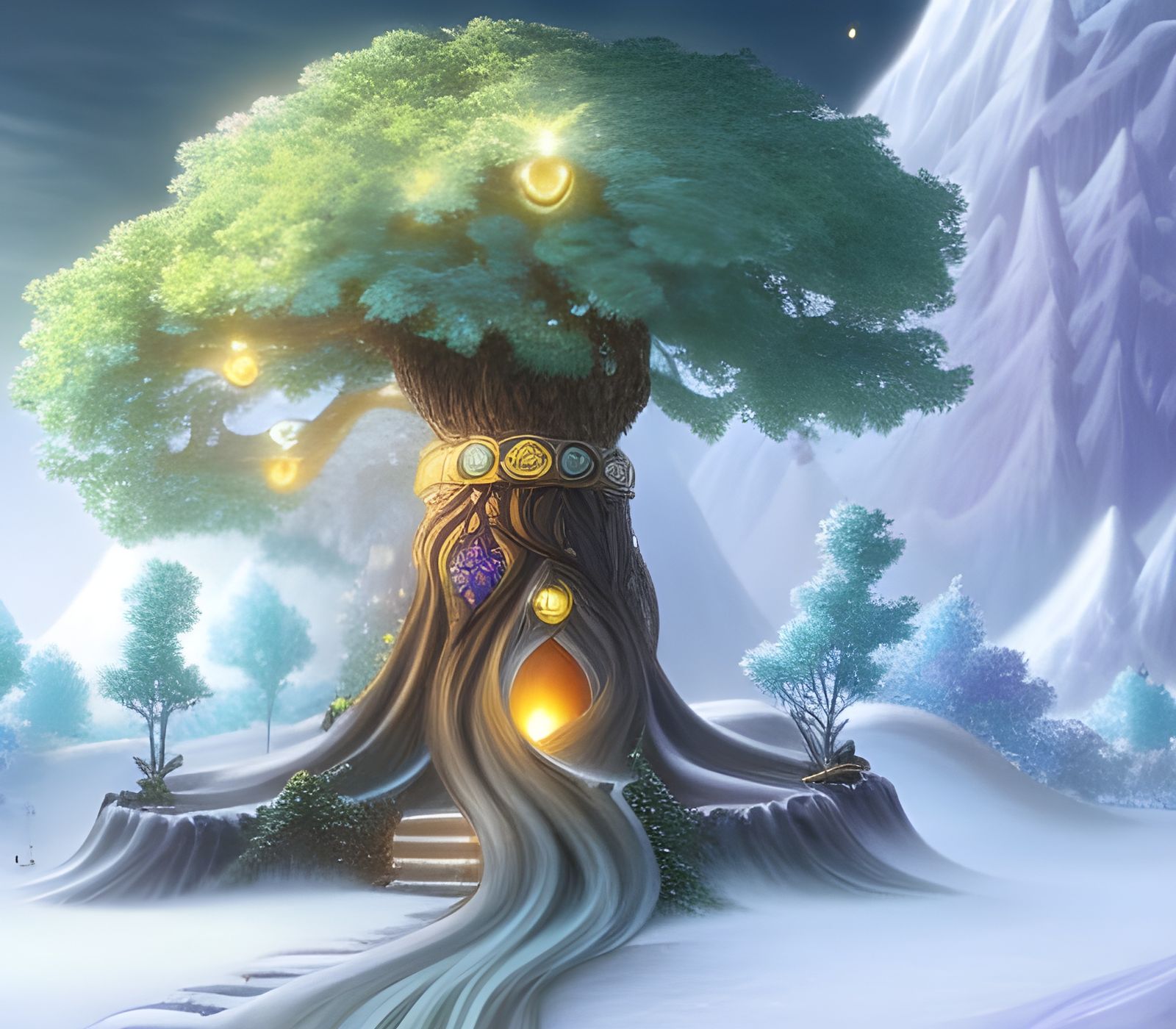 Magical Tree Surrounded by Glowing Crystals: Fantasy Art