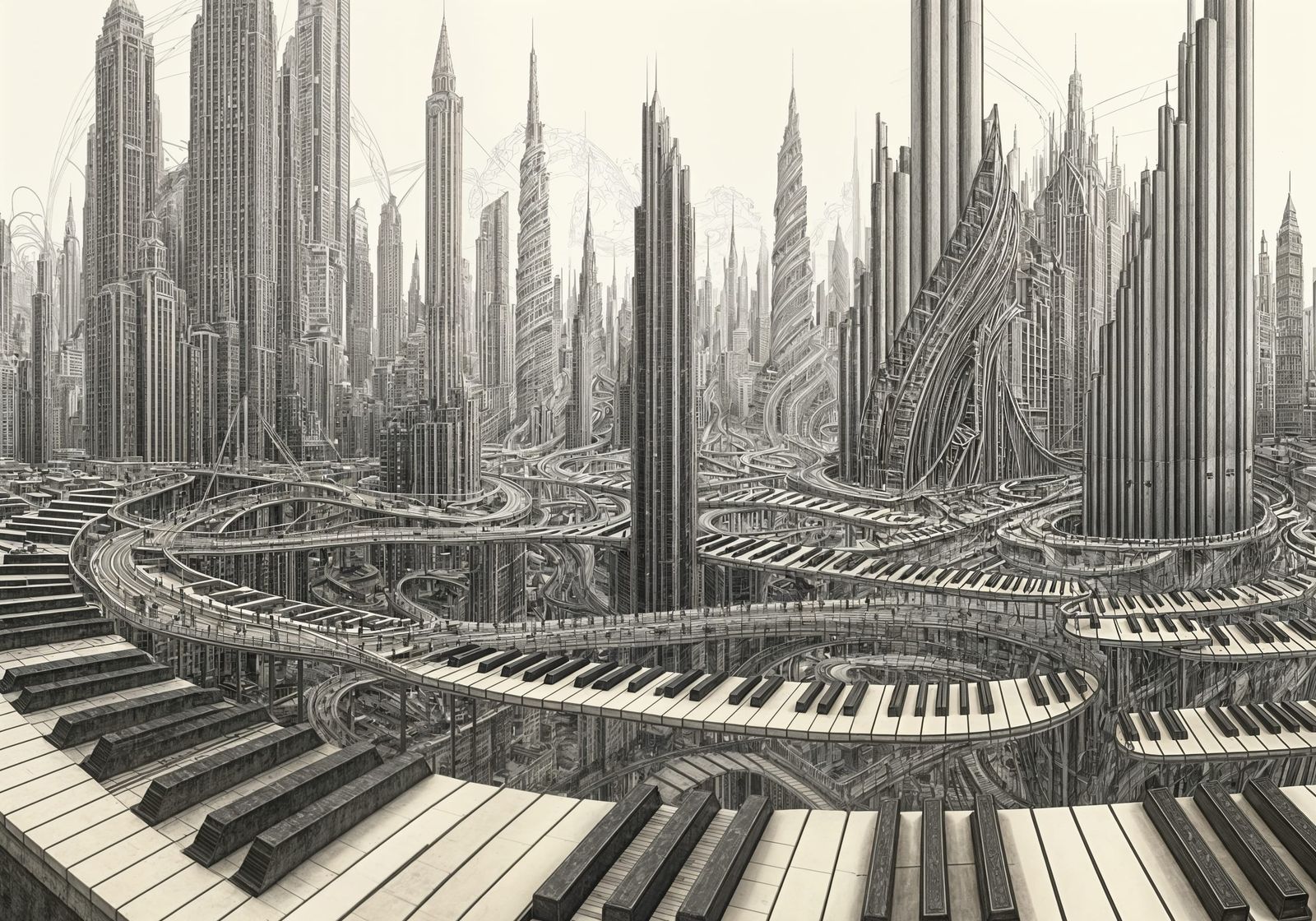Surreal Musical Cityscape in Pencil Sketch Style