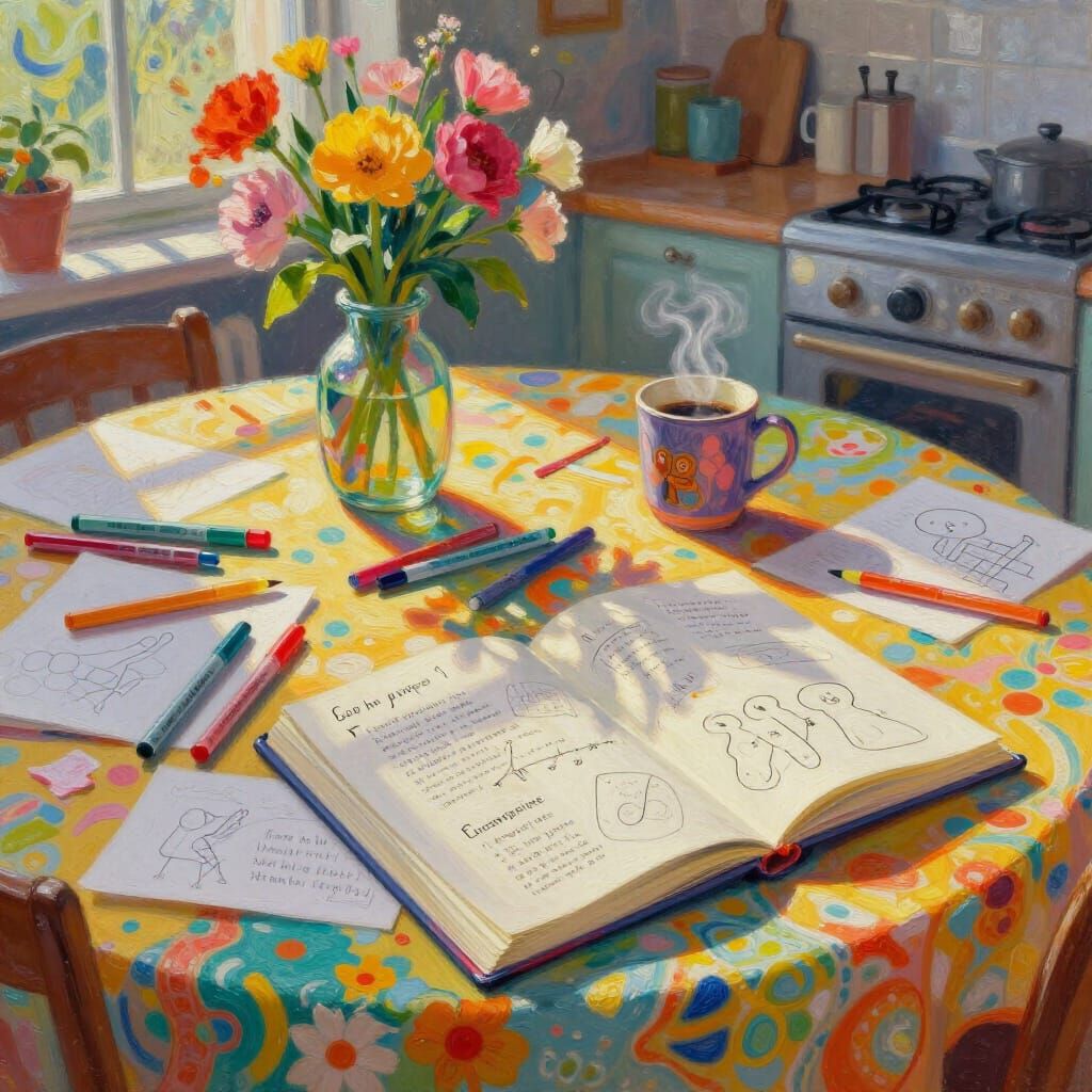 Sunlit Kitchen Table: Creative Mess in Neo-Impressionist Sty...