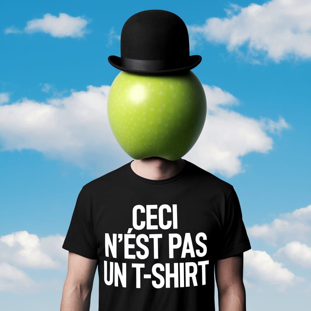 Surrealist Man Holds Round Green Apple as Head in Clear Blue...