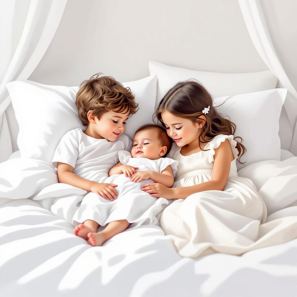 Children in White Bedding, Watercolor Style