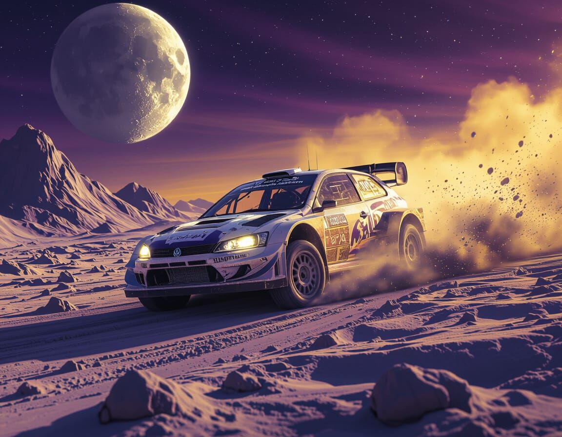 Rally Car Races Across Moon in Dark Fantasy Style