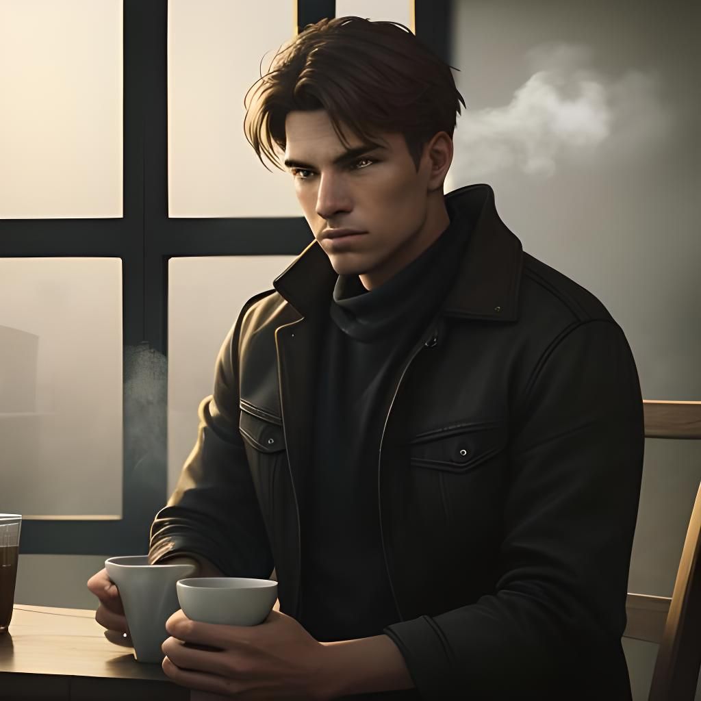 Young Man in Coffee Shop: Hyperrealistic Digital Painting