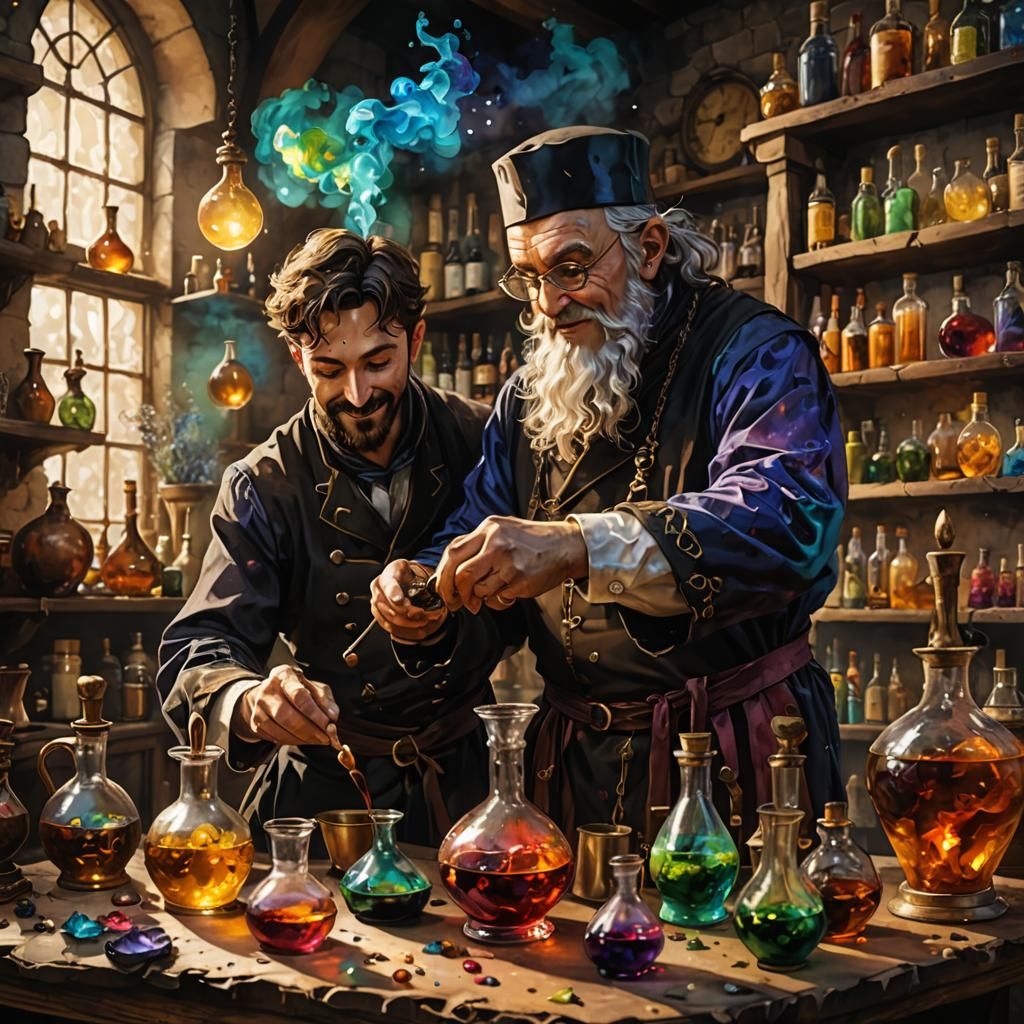 Alchemist Teaching Apprentice, Alcohol Ink Fantasy