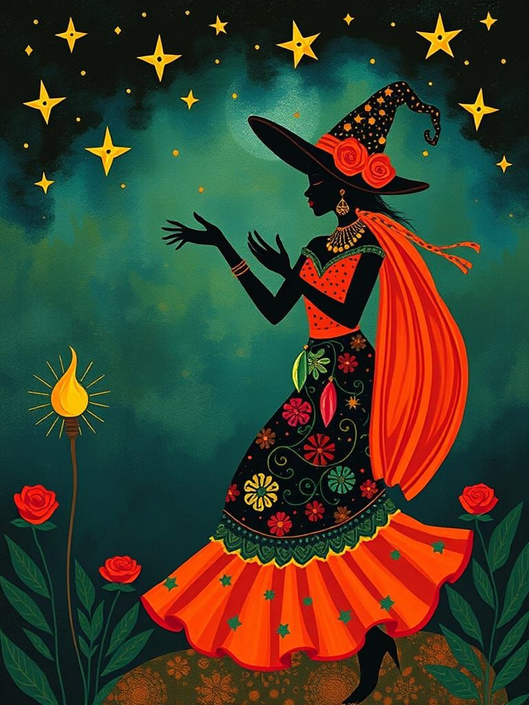 Black Witch Jazz Dancing Under Twinkling Stars