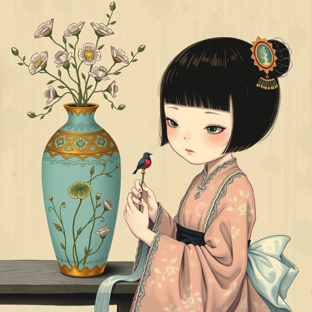 Creepy Cute Woman Inspects Japanese Gold Vase