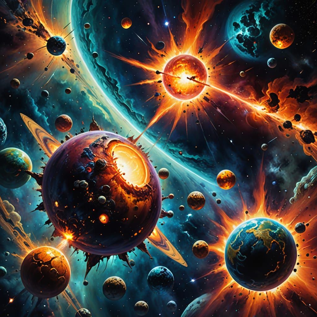 Cosmic Horror: Planets Colliding in Space as Oil Painting