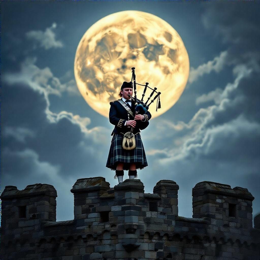 Bagpiper Under Moonlight, Romantic Landscape