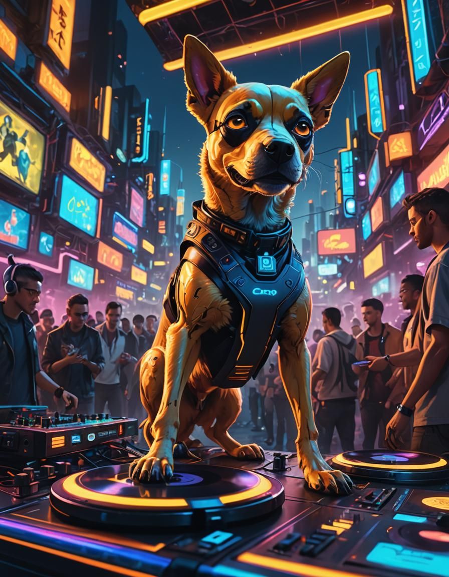 Futuristic Android Dog DJ in Cyberpunk Cityscape