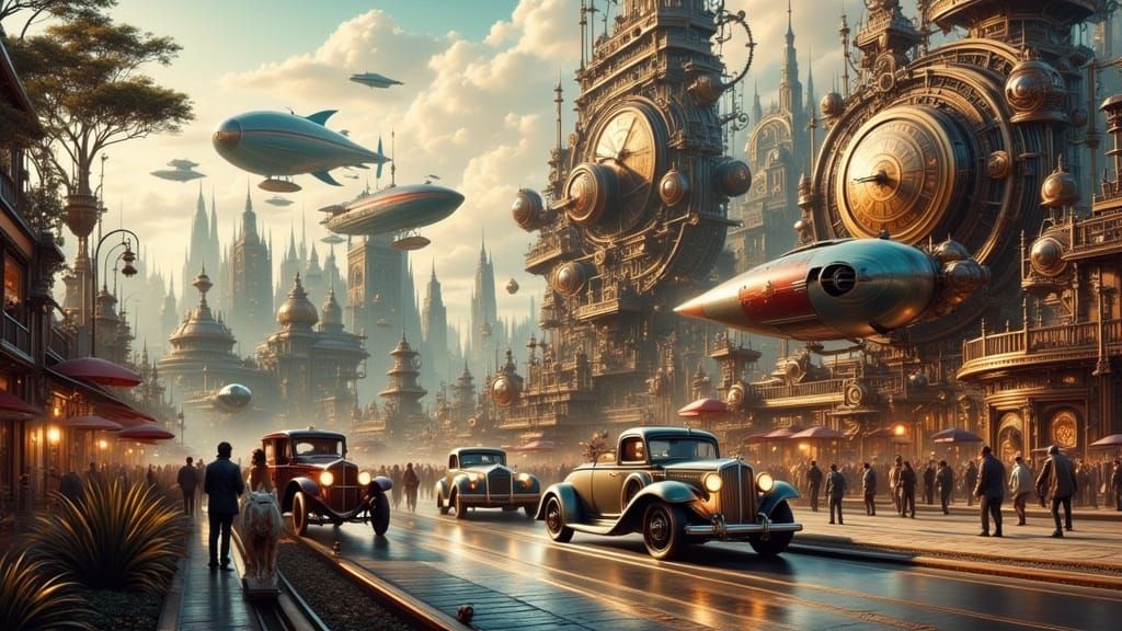 Steampunk Cityscape with Clockwork Mechanisms and Vintage Ca...