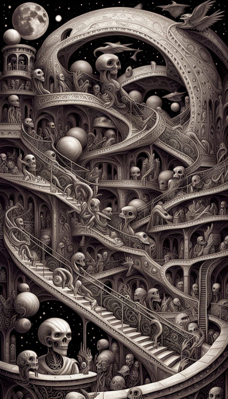 Giger Meets Escher Lithograph Style Art
