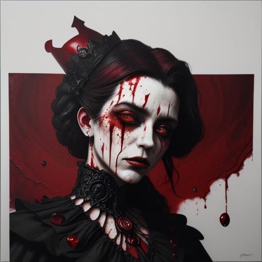 Queen of Hearts With Stitched Mouth in Dark Fantasy Style