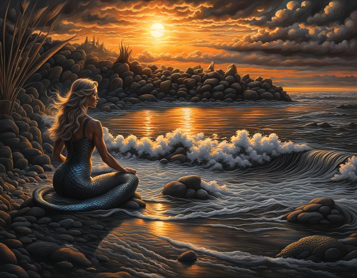 Monochrome Chalk Art: Woman and Mermaids at Sunset