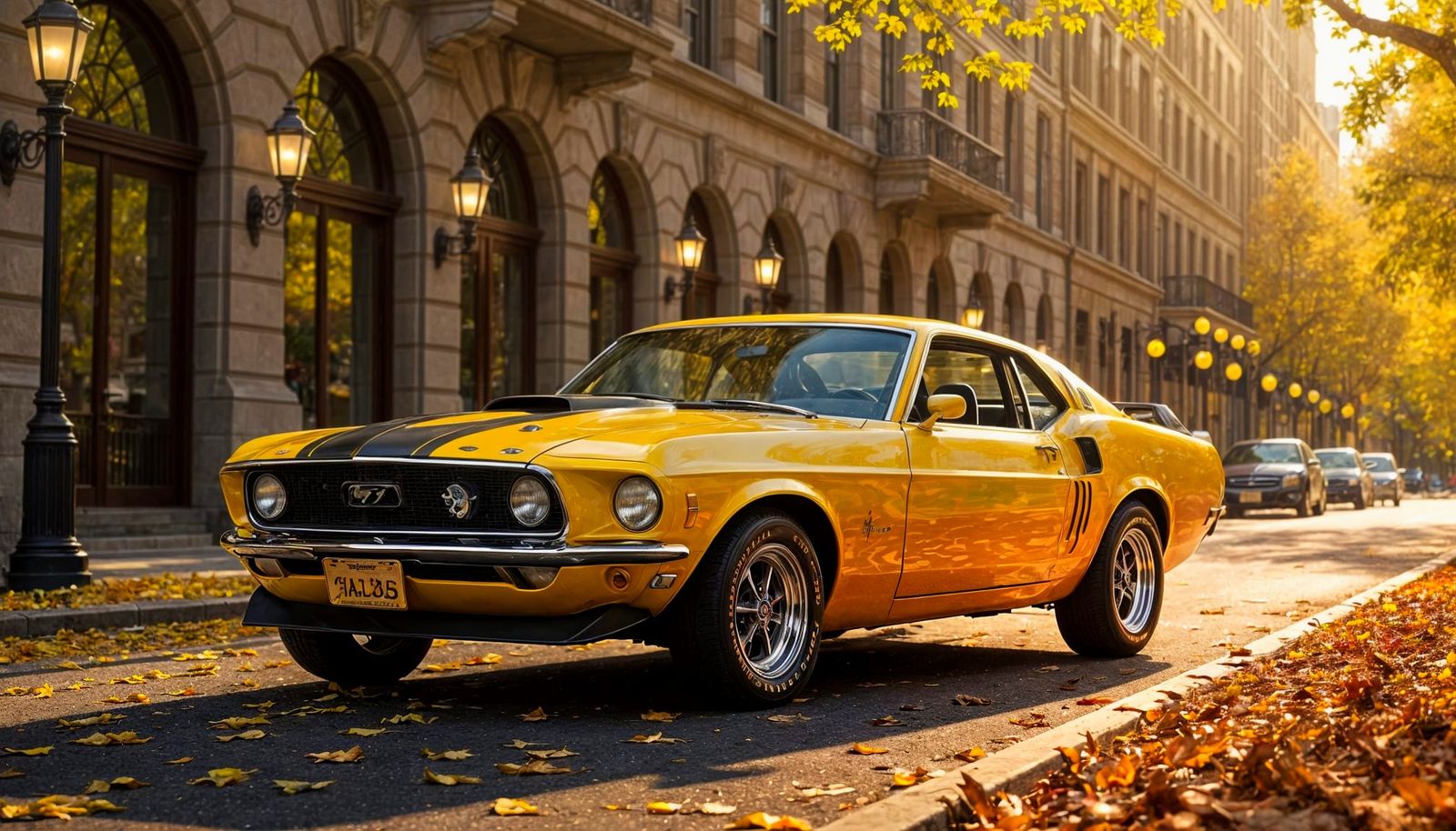 Yellow 1969 Ford Mustang Mach 1 in Autumn Plaza