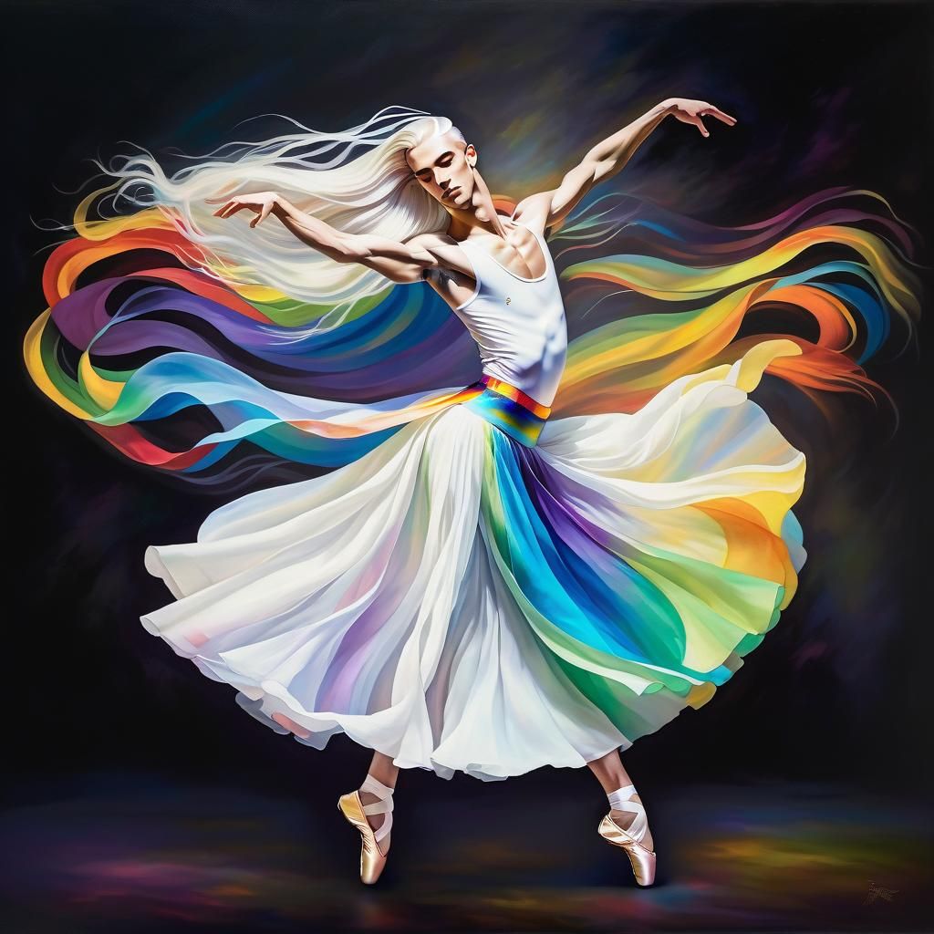 Graceful Male Dancer in Rainbow Skirt Painting