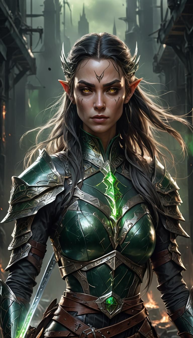 Elven Warrior with Runic Armor in Grimdark Style