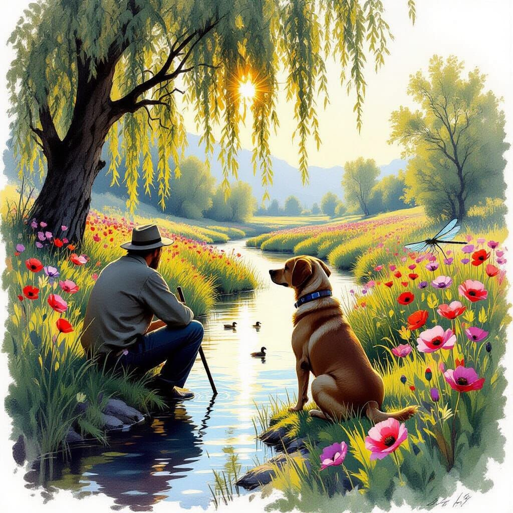 Man and Staffy at Creek Sunrise