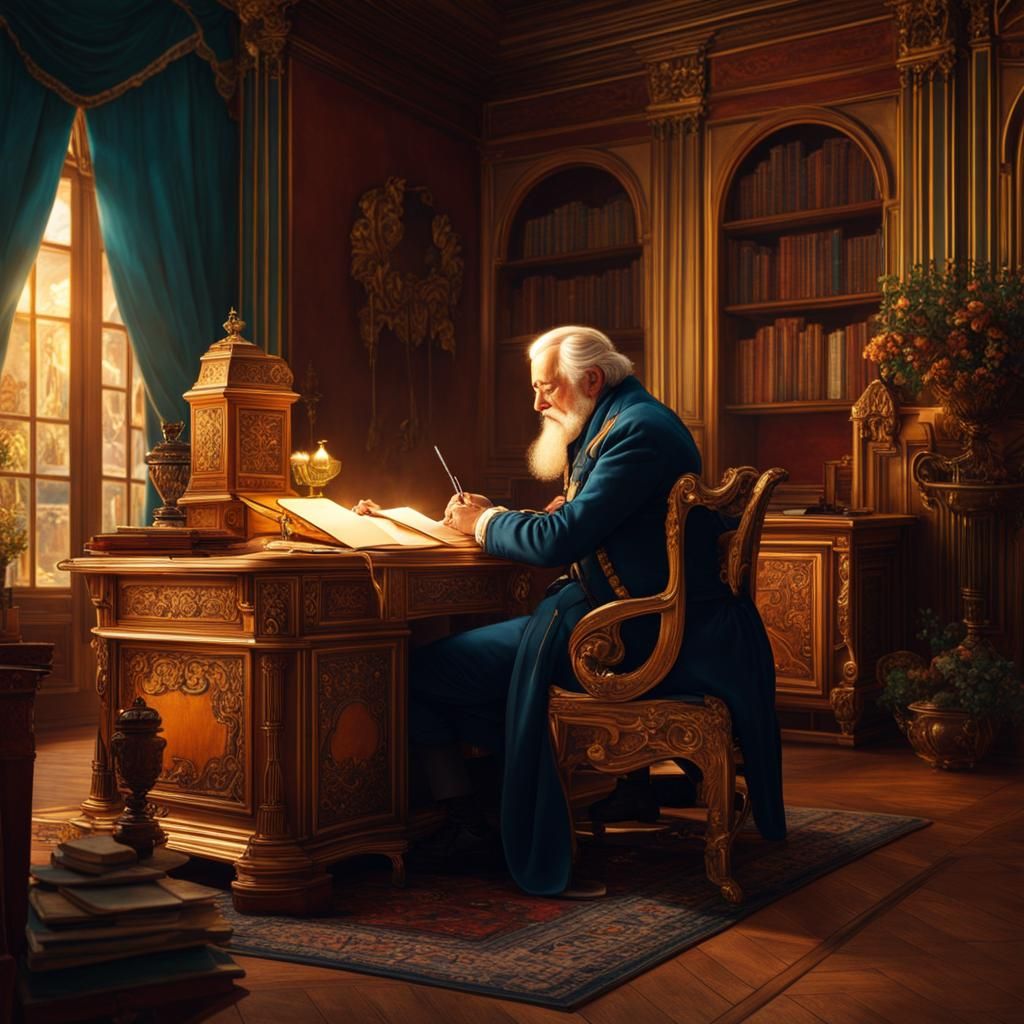 Hyper-Realistic Old Man Writing Letter in Art Nouveau Style