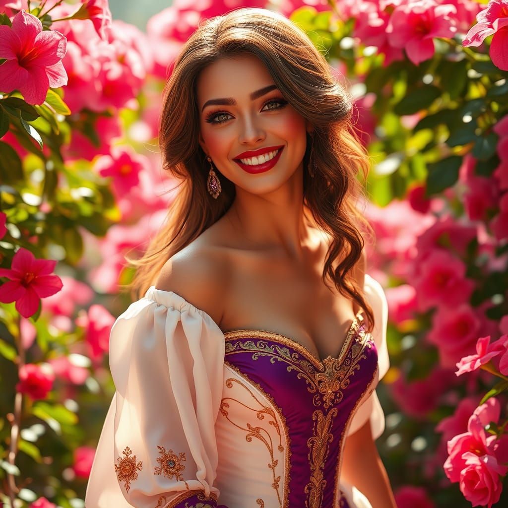 Smiling Woman in Garden with Golden Accents