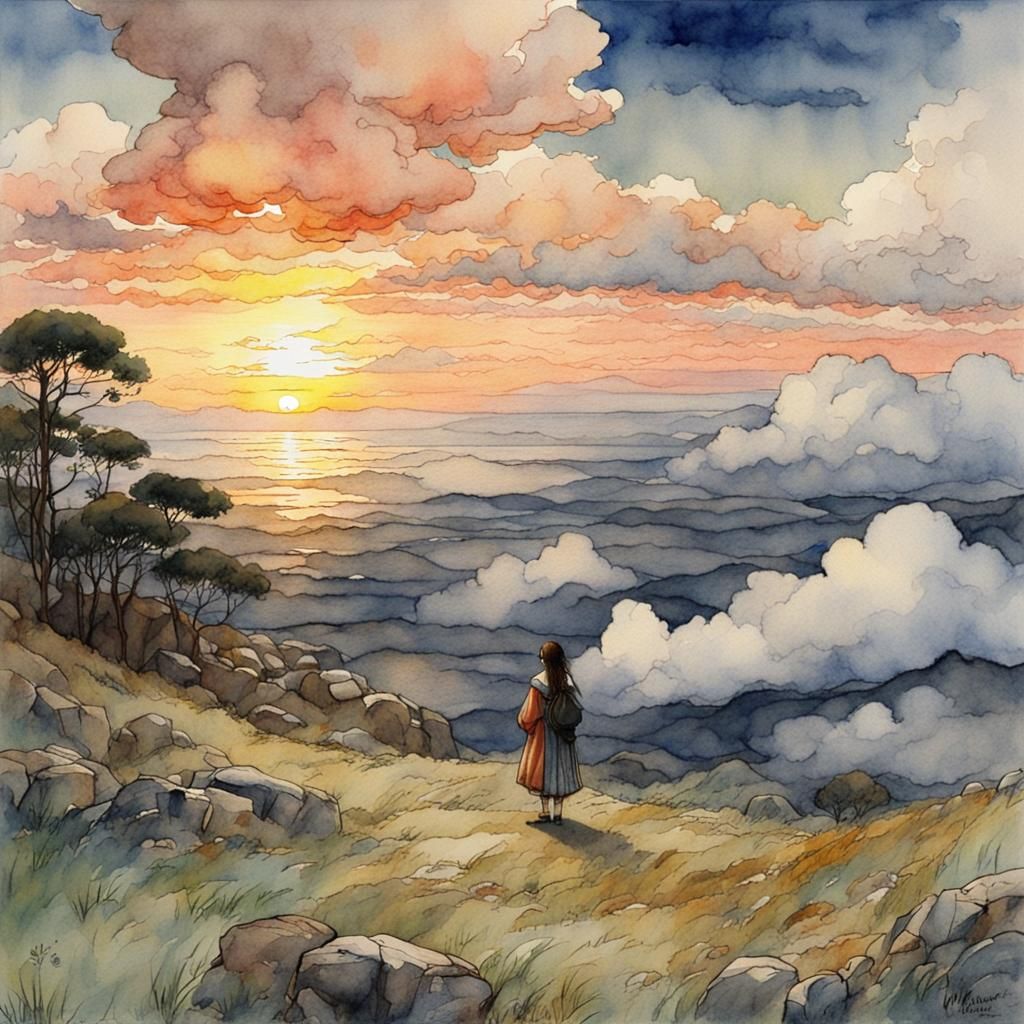 Anime Sunset Cloudscape in Watercolor Style