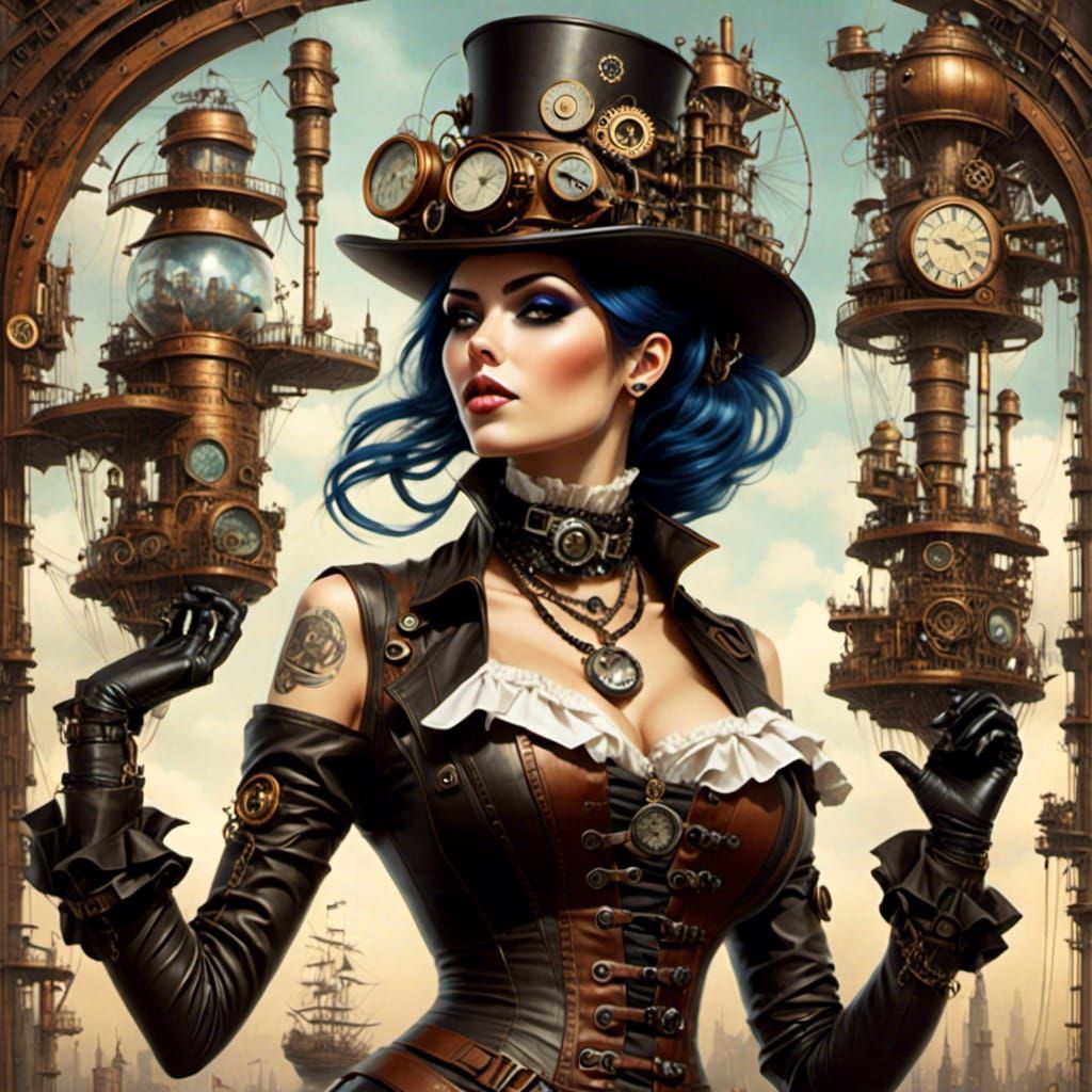 Tattooed Steampunk Goth Lady in Surreal Fantasy Style