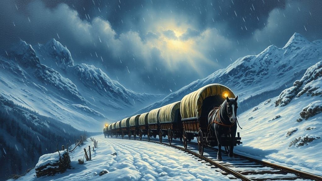 Vintage Wagon Train Braving Mountain Snowstorm in 1700s Oil ...