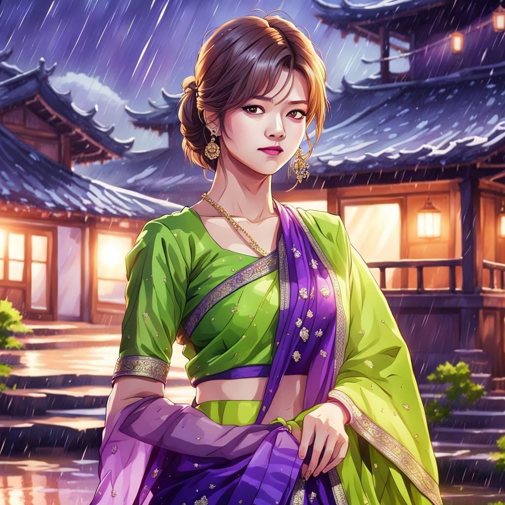 K-Pop Star in Silk Saree Anime Style