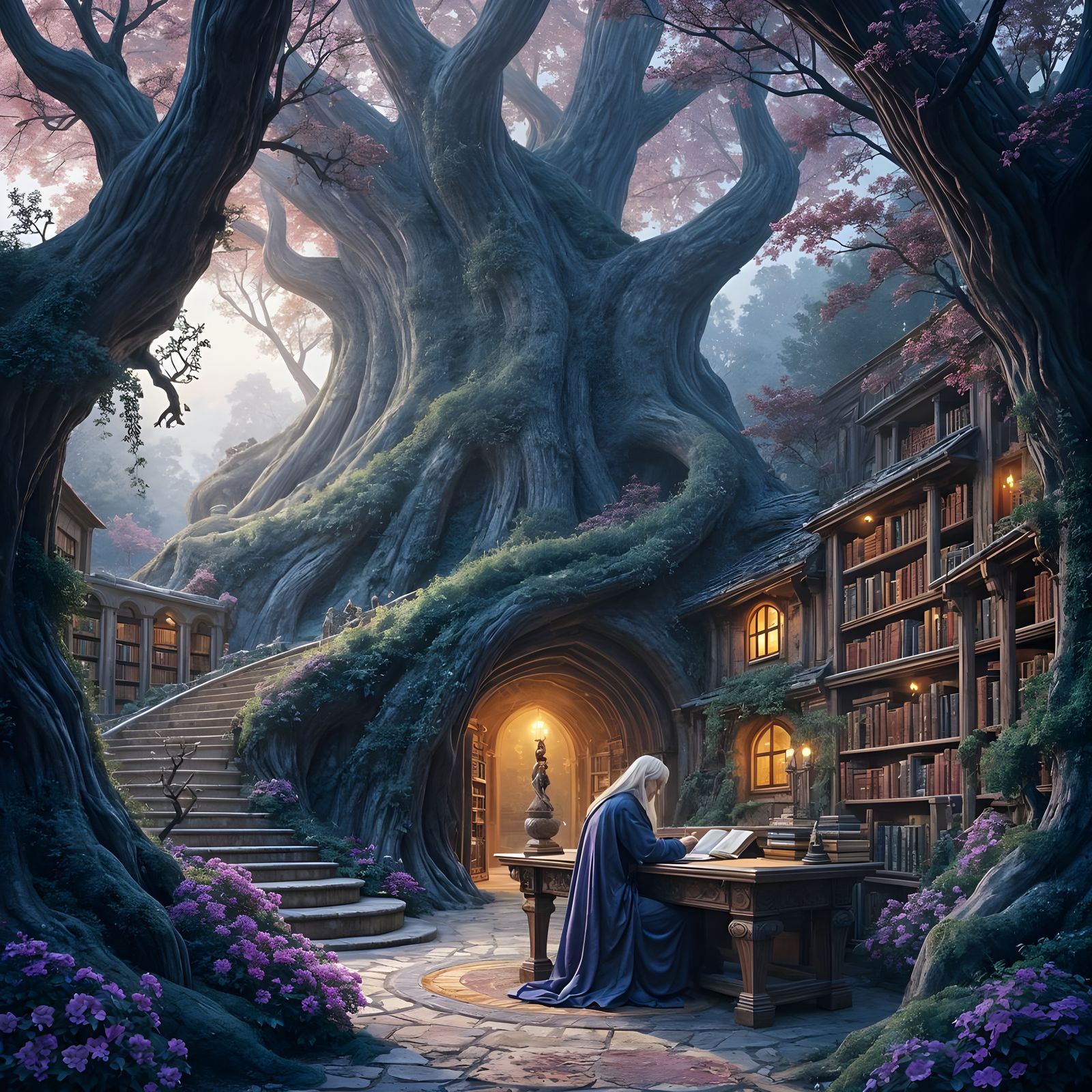 Celestial Library Inside Ancient Tree, Detailed Matte Painti...
